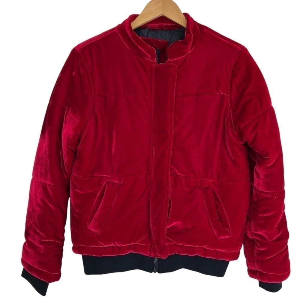 Me Jane Velvet Plush Bomber Puffer Jacket Zip Up Vibrant Cherry Red Cozy FLAWS S